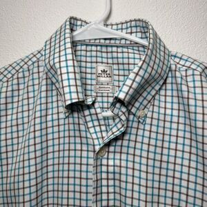 Peter Millar Shirt Medium Teal Brown Plaid Button Down Nanoluxe Easycare